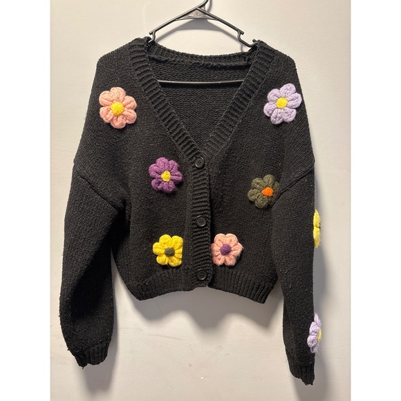 Cider Black Chunky Crochet Flower Applique Knit Cardigan Sweater Womens Large - Picture 2 of 5